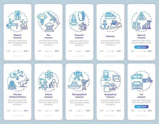 Exhibition and museum onboarding mobile app page screen vector template. Ethnography, biography. Walkthrough website steps with linear illustrations. UX, UI, GUI smartphone interface concept