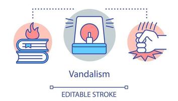 Vandalism concept icon. Civil unrest, public property damage, violent protest idea thin line illustration. Burning books, police siren and fist vector isolated outline drawing. Editable stroke