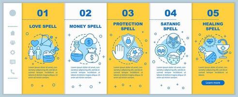 hechizos mágicos que incorporan la plantilla vectorial de páginas web móviles. idea de interfaz de sitio web de teléfono inteligente sensible a la brujería con ilustraciones lineales. pantallas de pasos del tutorial de la página web. concepto de color vector