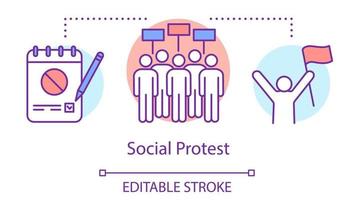 Social protest concept icon. Public demonstration, government manifestation idea thin line illustration. Protesters with placards, notepad and activist vector isolated outline drawing. Editable stroke