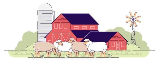 Sheep farm flat vector illustration. Livestock farming, animal husbandry cartoon concept. Sheeps grazing on farmyard pasture. Village farmland with barnyard, rural ranch. Wooden red barns buildings