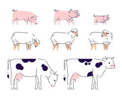 Ilustración de vector plano de animales agrícolas. ganadería, elementos de diseño de cría de animales domésticos con contorno. Vista lateral de vacas, ovejas y cerdos aislado sobre fondo blanco.