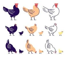 conjunto de ilustraciones vectoriales planas de pollos. pollitos multicolores, gallinas y gallos picoteando elementos de diseño de dibujos animados con contorno. producción de carne de pollo, cría de aves. granja avícola, ganadería vector