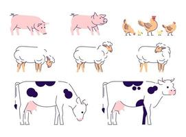 Domestic animals flat vector illustrations set. Livestock, husbandry farming isolated design elements with outline. Cows, sheeps, pigs and chickens. Dairy, poultry farm. Barnyard animals collection