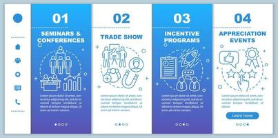 Corporate event management onboarding mobile web pages vector template. Responsive smartphone website interface idea with linear illustrations. Webpage walkthrough step screens. Color concept