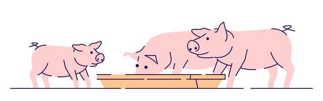 Pink pigs feeding flat vector illustration. Livestock farming, animal husbandry and breeding cartoon concept with outline. Meat production farm. Hog, piglets eating isolated on white background