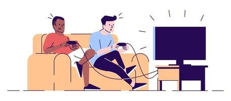 Boys playing videogame flat vector illustration. Students, roommates with joysticks looking at TV set screen, sitting on sofa isolated cartoon characters with outline elements on white background