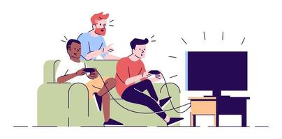 Male friends playing videogame flat vector illustration. Bearded supporter giving instructions. Roommates holding joysticks isolated cartoon characters with outline elements on white background