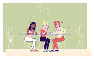 las niñas beben café en la ilustración de vector plano de café. las jóvenes disfrutan del té, las mujeres alegres discuten las últimas noticias, chismean personajes de dibujos animados con elementos de contorno sobre fondo verde