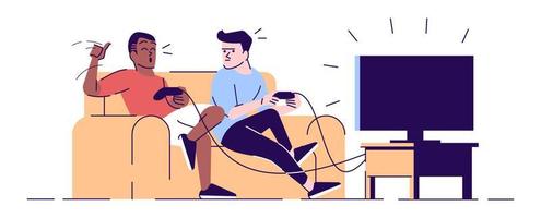 Boys rivalry in videogame flat vector illustration. Students, roommates holding joysticks. Happy winner, disappointed loser isolated cartoon characters with outline elements on white background