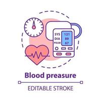 Blood pressure control concept icon. Heart functioning, pulse monitoring idea thin line illustration. Systolic and diastolic pressure rate. Vector isolated outline drawing. Editable stroke