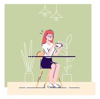 chica bebiendo café ilustración vectorial plana. chica alegre sentada en la mesa, disfrutando de un té aromático. trabajador, empleado relajándose en el almuerzo personaje de dibujos animados con elementos de contorno sobre fondo blanco vector