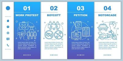 Social protest onboarding mobile web pages vector template. Responsive smartphone website interface idea with linear illustrations. Public demonstration webpage walkthrough step screens. Color concept