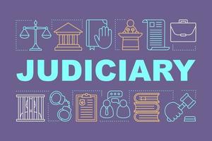 Judiciary word concepts banner. Judicial system. Criminal court. Presentation, website. Offender punishment. Isolated lettering typography idea with linear icons. Vector outline illustration