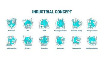 conjunto de iconos de concepto azul industrial. segmento económico idea ilustraciones de líneas finas. industria primaria, secundaria. producción por lotes, sindicato. dibujos de contorno aislados vectoriales. trazo editable vector