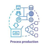 Process production blue concept icon. Manufacturing operations management idea thin line illustration. Job production steps. Machinery and manpower. Vector isolated outline drawing. Editable stroke