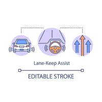 icono de concepto de asistencia de mantenimiento de carril. vehículo restante en su carril. coche sin conductor control de crucero adaptativo. ilustración de línea delgada de idea de sistema de piloto automático. dibujo de contorno aislado vectorial. trazo editable vector