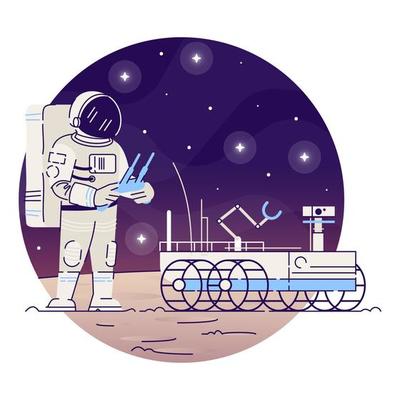 Astronaut with moon rover flat concept icon. Cosmonaut in outer space sticker, clipart. Space exploration vehicle and aerospace technology isolated cartoon illustration on white background