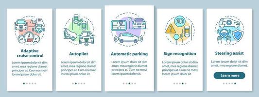 Self-driving car features onboarding mobile app page screen with linear concepts. Driverless vehicle walkthrough steps graphic instructions. UX, UI, GUI vector template with illustrations