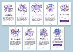 Self-driving car onboarding mobile app page screen set with linear concepts. Driverless car features, industry walkthrough steps graphic instructions. UX, UI, GUI vector template with illustrations