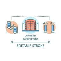 Driverless parking valet concept icon. Stand for autonomous cars. Automated car-park. Smart parking technology idea thin line illustration. Vector isolated outline drawing. Editable stroke