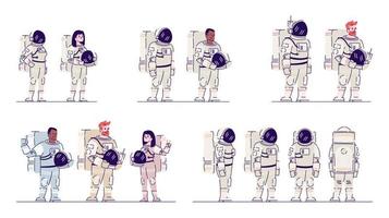 Cosmonauts in space suits flat vector illustrations set. Multiracial male and female astronauts standing and holding helmets isolated cartoon characters. Crew members of spacecraft. Aerospace industry