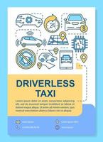 Driverless taxi brochure template layout. Robotic car for rent. Flyer, booklet, leaflet print design with linear illustrations. Vector page layouts for magazines, annual reports, advertising posters