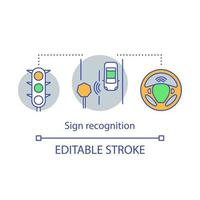 Sign recognition concept icon. Autopilot system. Safety movement of driverless car. Traffic signs detection idea thin line illustration. Vector isolated outline drawing. Editable stroke