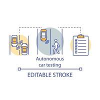 Autonomous car testing concept icon. Emergency situations avoid. Vehicle and pedestrians safety examination idea thin line illustration. Vector isolated outline drawing. Editable stroke