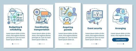 Event planning onboarding mobile app page screen with linear concepts. Budgeting and scheduling, arranging, transportation walkthrough steps graphic instructions. UX, UI, GUI vector template