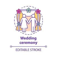Wedding ceremony concept icon. Engagement, marriage celebration event idea thin line illustration. Bride and groom. Bridal party. Newlyweds, just married. Vector isolated drawing. Editable stroke