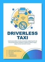 Driverless taxi brochure template layout. Robotic car for rent. Flyer, booklet, leaflet print design with linear illustrations. Vector page layouts for magazines, annual reports, advertising posters