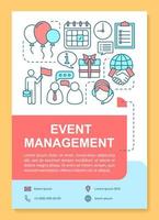 Event management poster template layout. Corporate party planning. Holiday celebration. Banner, booklet, leaflet print design with linear icons. Vector brochure page layouts for advertising flyers