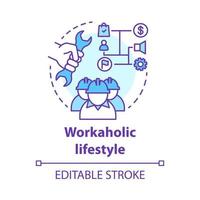 Workaholic lifestyle concept icon. Ergomaniac idea thin line illustration. Work addiction, obsessive disorder. Working overtime, being behind schedule vector isolated outline drawing. Editable stroke