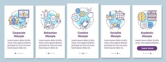 tipos de estilo de vida que incorporan la pantalla de la página de la aplicación móvil con conceptos lineales. Tutorial de estilo de vida corporativo, bohemio y creativo con instrucciones gráficas. ux, ui, plantilla vectorial gui con ilustraciones vector