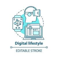 Digital lifestyle blue concept icon. Virtual reality idea thin line illustration. Modern entertainment. Internet connection, social technology. Vector isolated outline drawing. Editable stroke