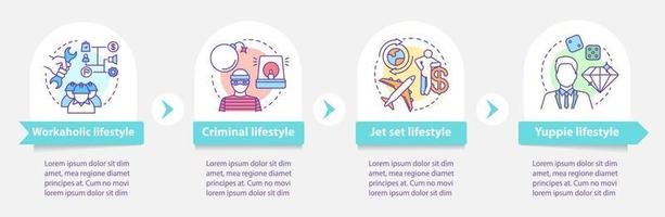 Occupational lifestyle types vector infographic template. Business presentation design elements. Data visualization with four steps, options. Process timeline chart. Workflow layout with linear icons