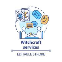 Witchcraft services concept icon. Fortune telling and divination idea thin line illustration. Rune stones, psychic with client and tarot cards vector isolated outline drawing. Editable stroke