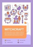 Witchcraft poster template layout. Banner, booklet, leaflet print design with linear icons. Witch potion, magic wand and spellbook. Vector brochure page layouts for magazines, advertising flyers