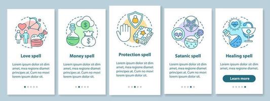 Spells onboarding mobile app page screen with linear concepts. Love, healing, satanic magic walkthrough steps graphic instructions. Witchcraft UX, UI, GUI vector template with illustrations