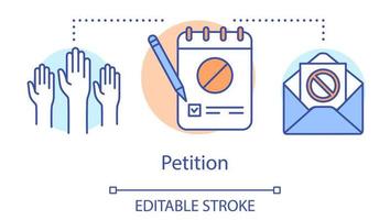 Petition concept icon. Signature collection, public opinion demonstration idea thin line illustration. Raised hands, notepad with pencil and envelope vector isolated outline drawing. Editable stroke