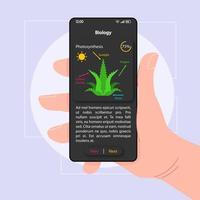 Biology knowledge smartphone interface vector template. Mobile app page black design layout. Photosynthesis description screen. Flat UI for application. Hand holding phone with subject info on display