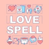 Love spell word concepts banner. Magic elixir, tarot cards. Presentation, website. Isolated lettering typography idea with linear icons. Alchemy and witchcraft. Vector outline illustration
