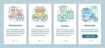 pantalla de la página de la aplicación móvil de incorporación de protesta social con conceptos lineales. instrucciones gráficas de los pasos de la demostración pública y del boicot. ux, ui, plantilla vectorial gui con ilustraciones vector