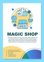 Magic shop poster template layout. Esoteric store building and purchases. Banner, booklet, leaflet print design with linear icons. Vector brochure page layouts for magazines, advertising flyers