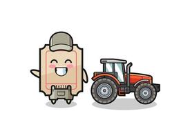 the ticket farmer mascot standing beside a tractor vector