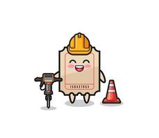 road worker mascot of ticket holding drill machine vector