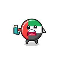 uae flag mascot having asthma while holding the inhaler vector