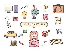 A girl is thinking of a bucket list. There are many icons floating around the girl. vector