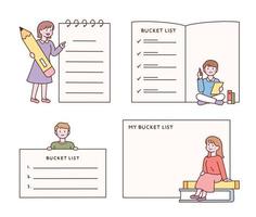 Cute characters writing a checklist next to a large piece of paper. vector